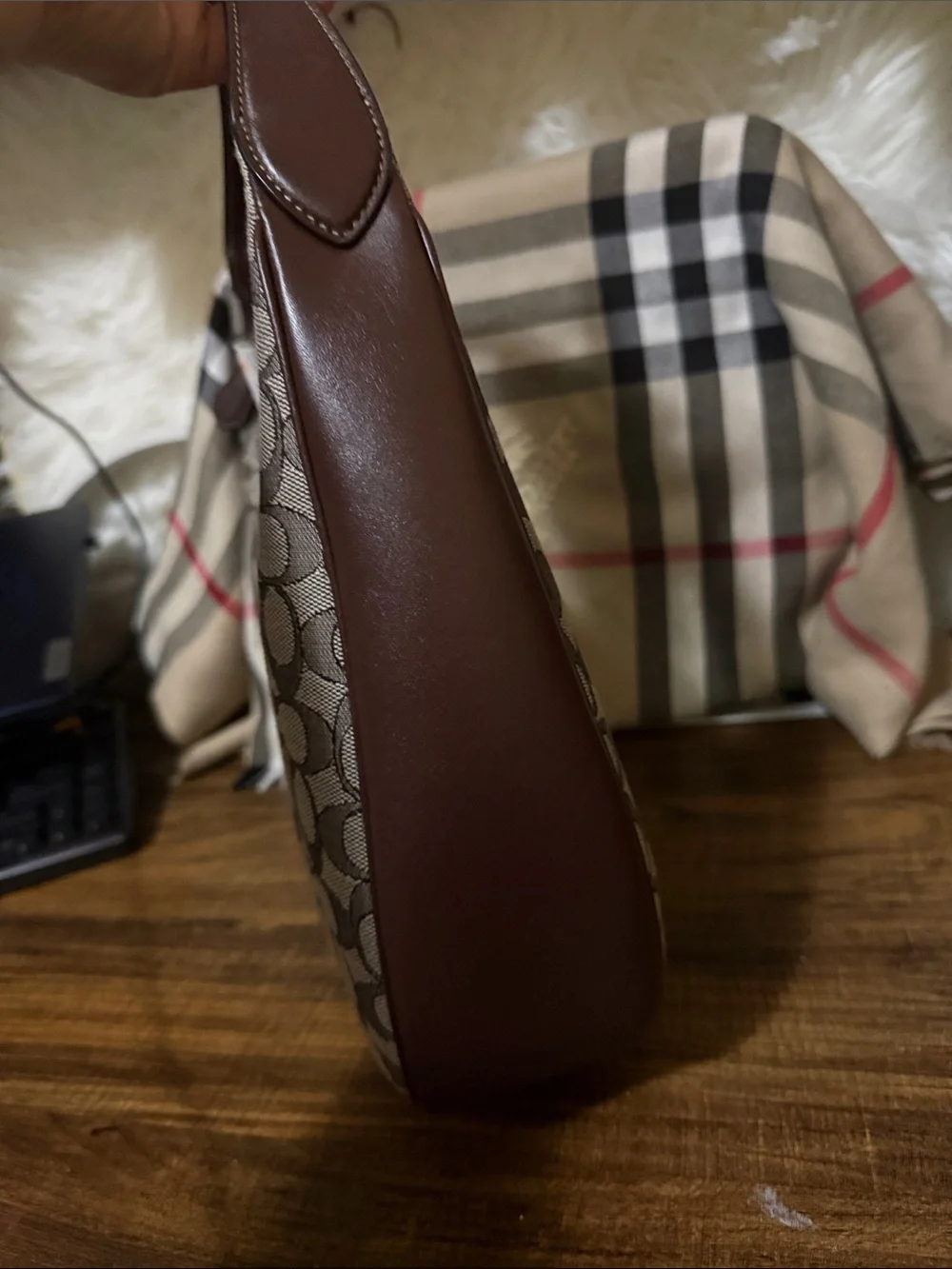 Coach Brown Signature Canvas Shoulder Hobo with Dark Brown Leather Trim